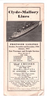 1936 TIME TABLES CLYDE MALLORY LINES CRUISES MIAMI HAVANA BOSTON STEAM SHIP