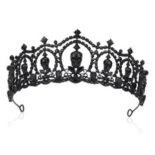 Skull Tiara Crown for Women, Gothic Crystal Headband for Halloween Black