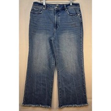 LOFT The Wide Leg Crop Jeans Size 12 Blue Wash Frayed Raw Hem High Rise Boho