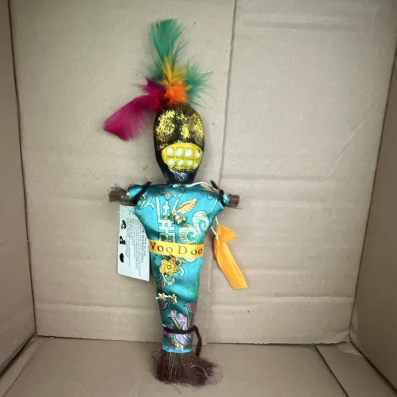 Voodoo Doll with Feathers, Decorative and Blue Outfit, Unique Accent Figure