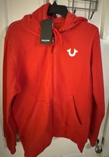 True Religion Men's Red Full Zip Hoodie Hooded Pockets Buddha Graphic Logo M
