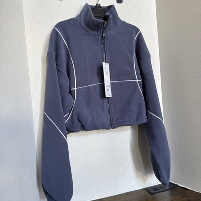 NEW Alo Fleece Cropped Full Zipper Jacket Blue Bluestone White