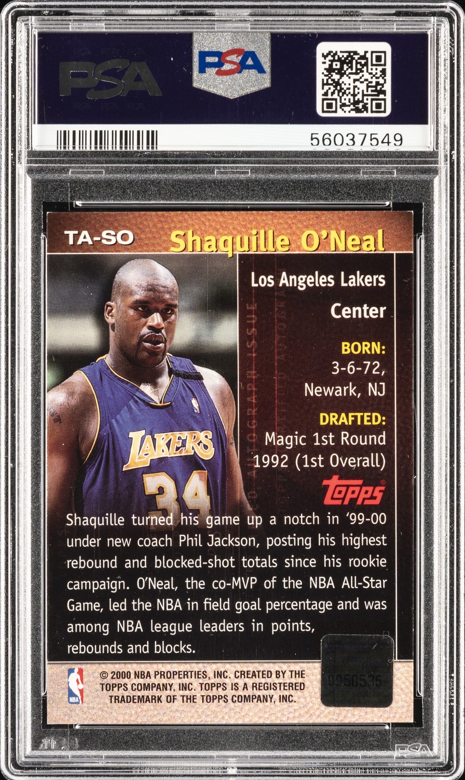 2000 TOPPS CERTIFIED AUTO #TA-SO SHAQUILLE O'NEAL PSA 8 AUTO 9 view 2