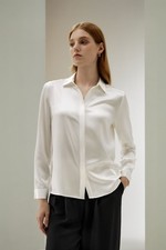 $159 NWT / LILYSILK Basic Concealed Placket 100% Silk L/S Shirt, White - M