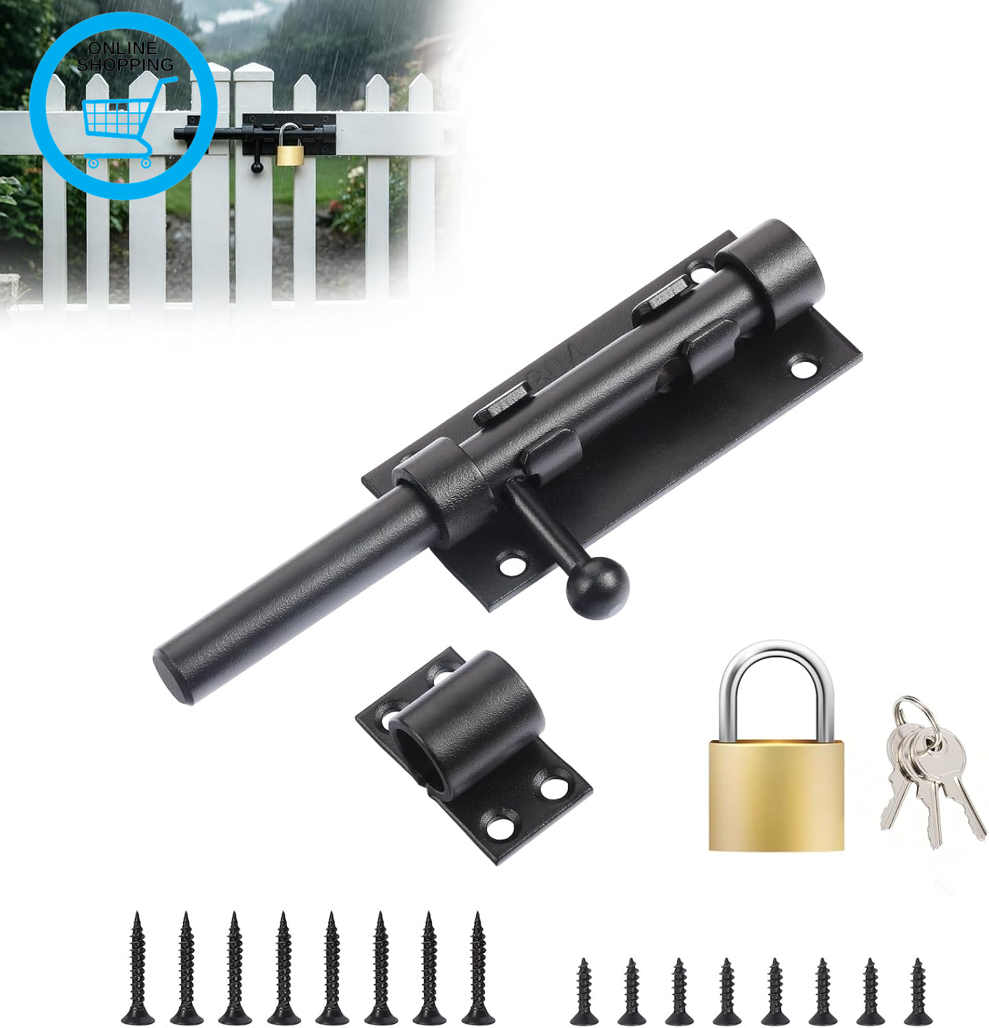 Slide Gate Latch Bolt 6""(160Mm), Door Lock Bolt with Padlock & Screws | 304 Stai