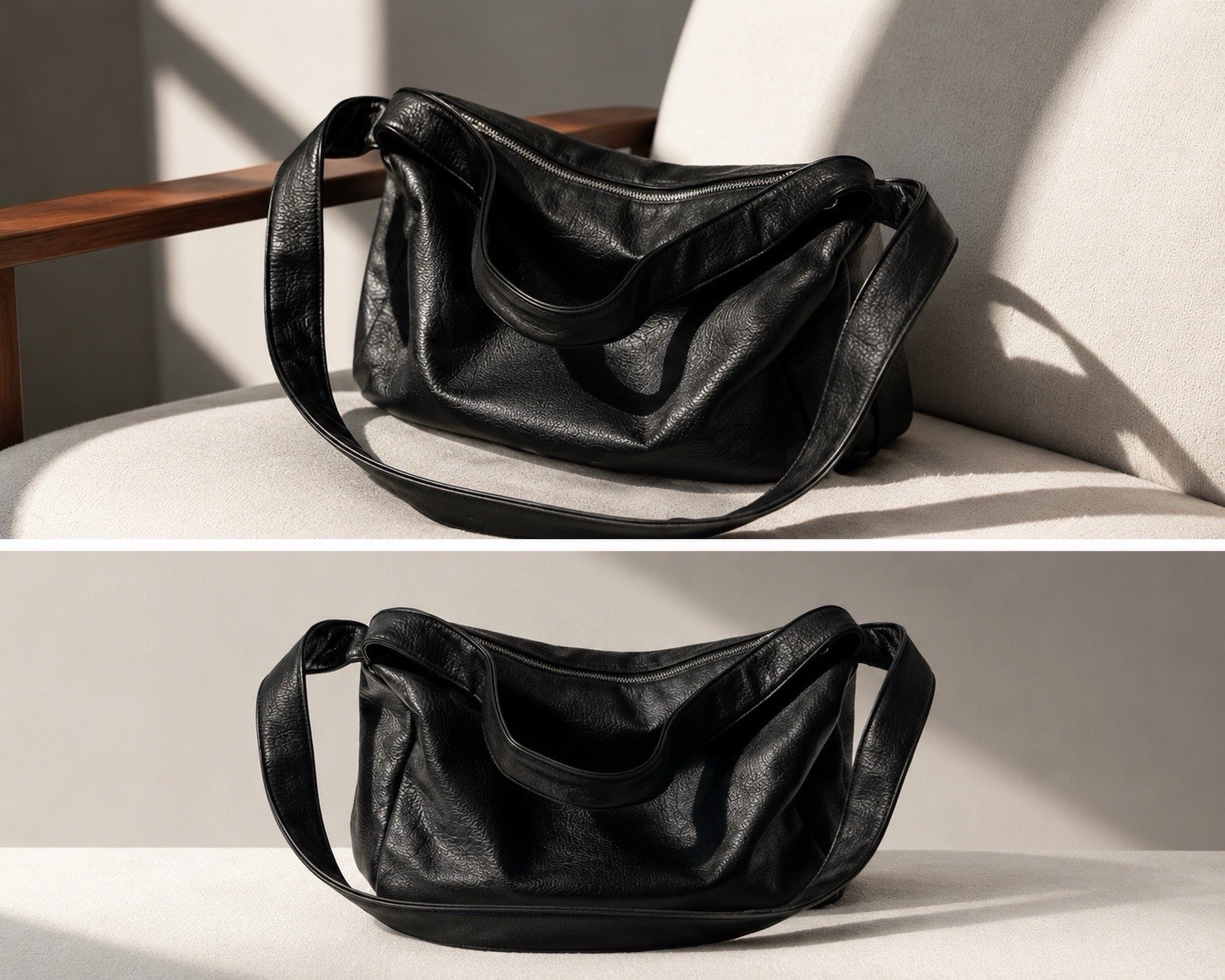 Black Faux Leather Hobo Shoulder Bag Womens Slouchy Crossbody Purse Long Strap