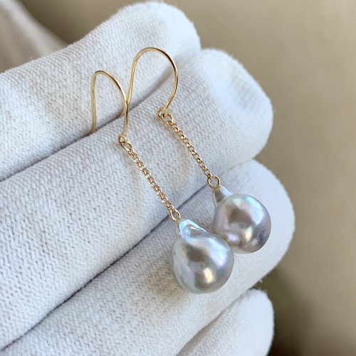 9.4+mm Baroque Silver Japanese Akoya pearl Drop earrings 14K yellow gold,1.4" - Picture 6 of 10