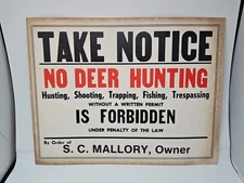 Vintage cardstock No Deer hunting sign S C Mallory fishing trapping outdoors