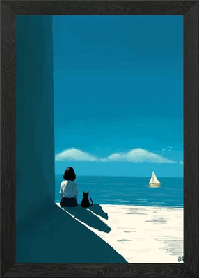 Meeresbrise | Mädchen und Katze beobachten das Meer gerahmtes Wandbild Poster Druck Bild