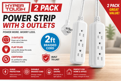 Flat Plug Extension Cord 2 Feet Braided 3 Outlet Grounded Power Strip White