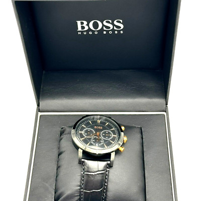 HUGO BOSS Black Gold Dial Watch Croc Embossed Leather Band Water-Resistant Date