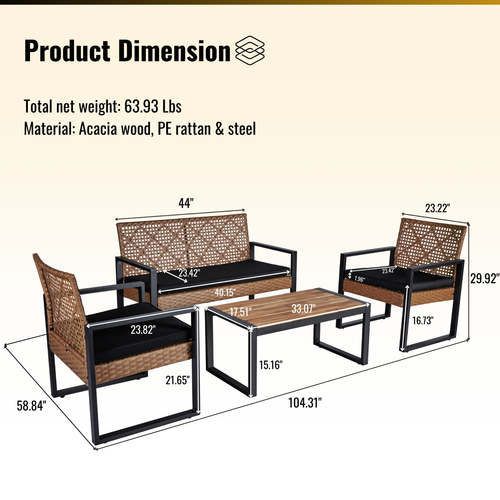 4-Piece Patio Furniture Set Outdoor Acacia Wood Table Top Morden for Backyard - Picture 3 of 21