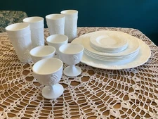 Indiana Colony Milk Glass Set Party Of 4 Incl. Plates, Tumblers Serving Platter