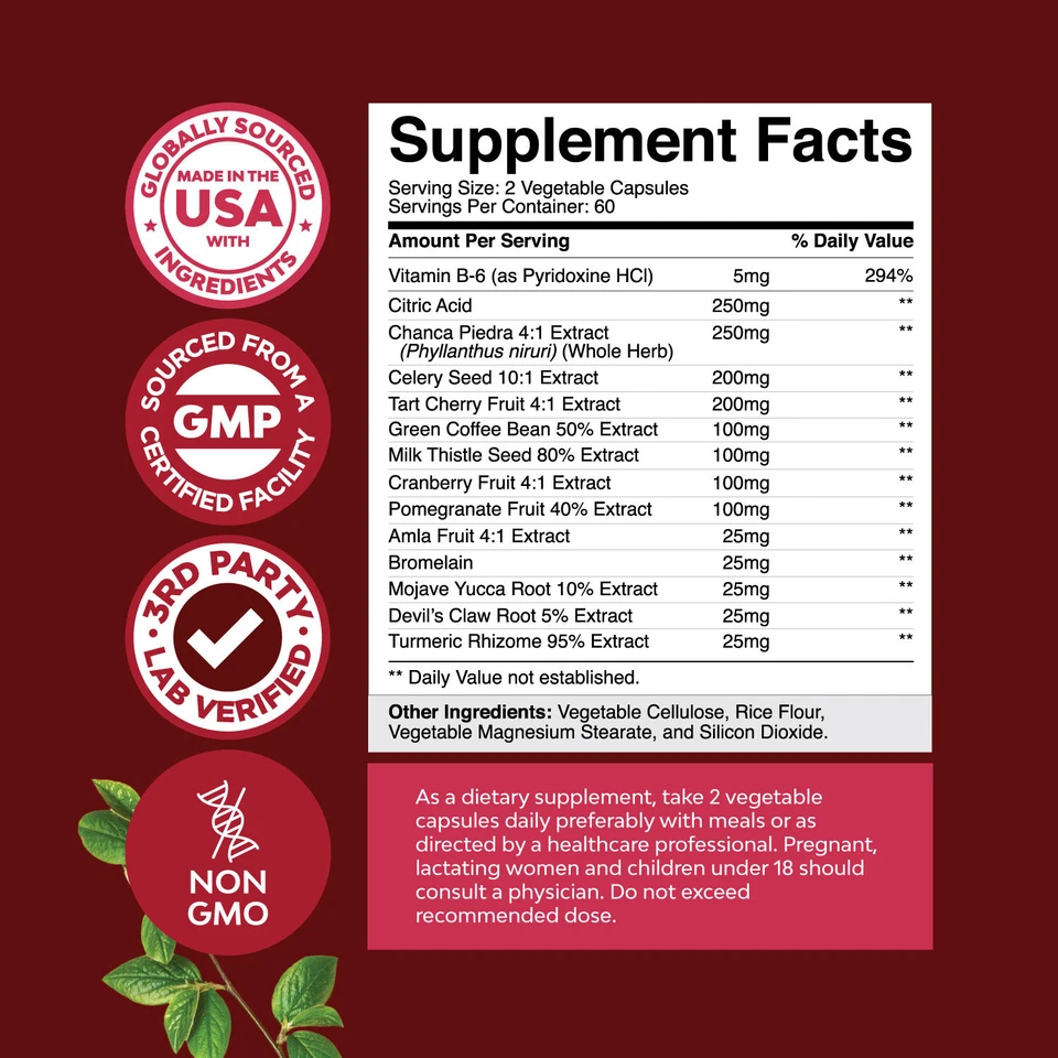 Limpieza y desintoxicación de ácido úrico a base de hierbas - Soporte renal y articular para adultos 120ct Foto 3 de 4