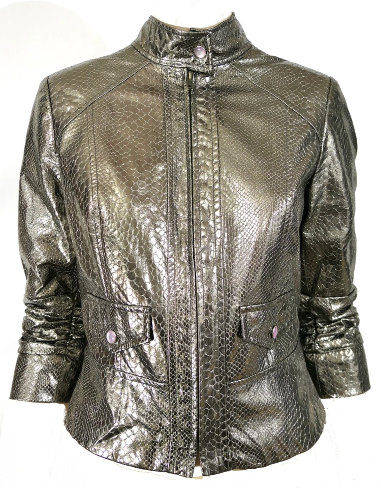 Peck and Peck Vtg 90s Silver Cropped Metallic Snake Moto Jacket Top 8 Y2K - Image 4 of 4