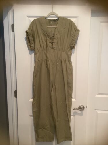 NWOT Zara Women's Khaki Stretch Waist Short Sleeve Jumpsuit Large