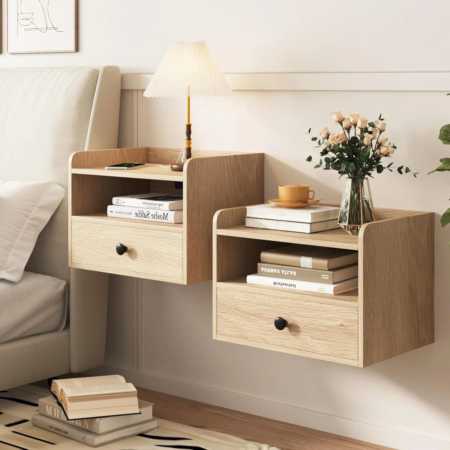 Modern Floating Nightstand Set of 2 with Drawer & Charging Station