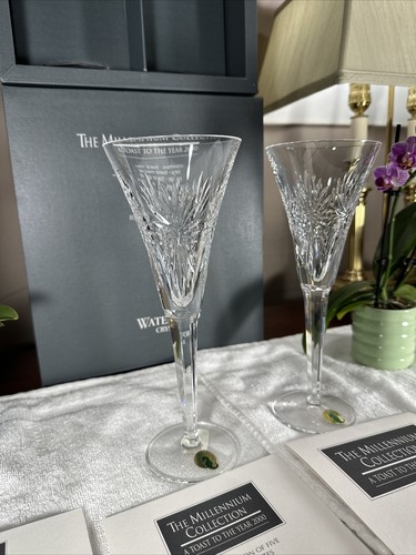 NEW 2 WATERFORD CRYSTAL Millennium "Health" Champagne Toasting Flutes+Inserts - Picture 6 of 12