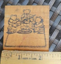 3 Teddy Bear Trio All Night Media Wooden Rubber Stamp Vintage Eating Together