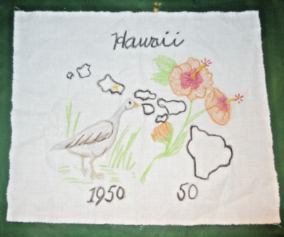VTG 60's HAWAII STATE QUILT/DIY BLOCK (10.5''X9'') wFLOWERS & BIRD-Color Pen-CLEAN