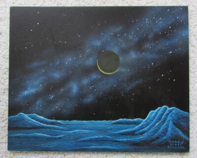 MORRIS SCOTT DOLLENS SCIENCE FICTION PAINTING MOON FROM PLUTO'S SURFACE 1982