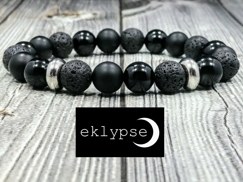 Pulseira de contas de aço inoxidável 8"L 10 mm fosca + ônix preto polido + pedra preciosa lava - Imagem 4 de 4