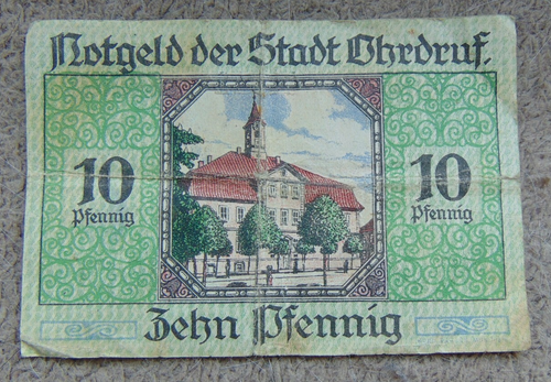 Geldschein, Gutschein, Notgeld der Stadt OHRDRUF über 10 Pfennig, 1919 Jahr!