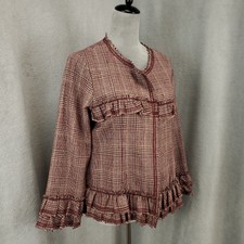 New Mystree Coat Womens Large Burgundy Tweed Ruffle Raw Hem Jacket Wool Blend