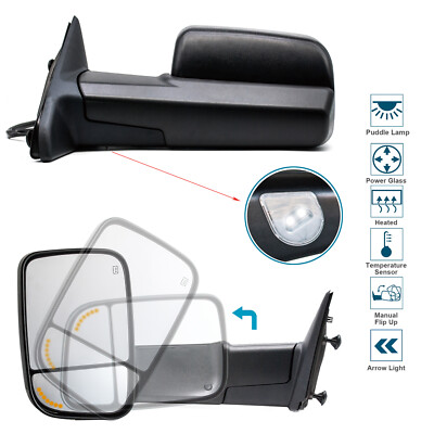 Tow Mirrors Fit 09-18 Dodge Ram 1500 2500 3500 Power Heated Arrow Lamp Black