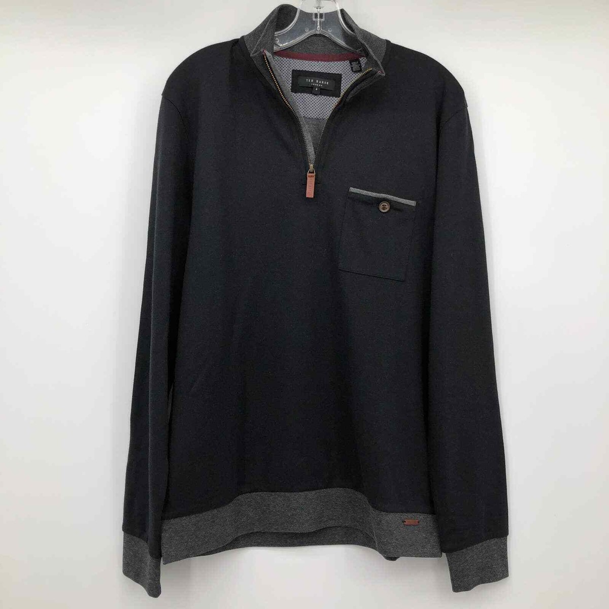 Ted Baker Black Sweatshirt Half Zip Mens Large Pocket Pullover Funnel Neck