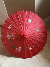 Red Japanese-Style Paper Parasol Umbrella Floral Pattern Wooden Handle Women