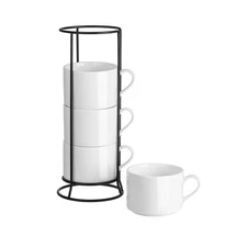 4 PCS 10oz Stackable Coffee Mugs Set, Stand, White Ceramic, Cappuccino, Latte