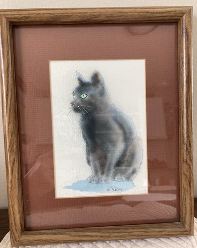 Framed Original Watercolor Grey w/green Eyes Kitten/Cat Portrait 8 x 10” VTG