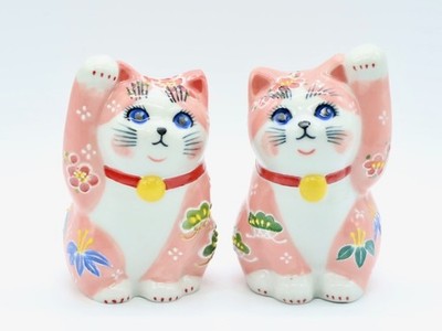 Kutani Ware Maneki Neko Paar Japanisch Lucky Cat Pink Mori Sho Chiku Bai Japan