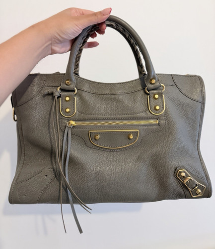 Balenciaga City Classic Studs Gold Hardware Satchel Small Gray Leather