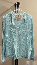 Tory Burch Women's 14 Aqua Blue with White Branches Blouse - GREAT CONDITION