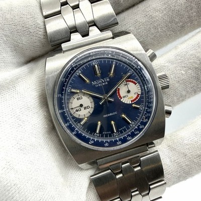 Vintage Uhr MONVIS Chronograph NOS Valjoux 7733 ÜBERHOLT 70er BLAU