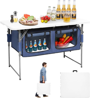4Ft Foldable Camping Table with Built-In Storage Organizer, Adjustable Height He
