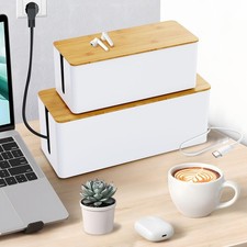 2 PCS White Cable Management Box Wood Style Lid Large Cord Organizer Box