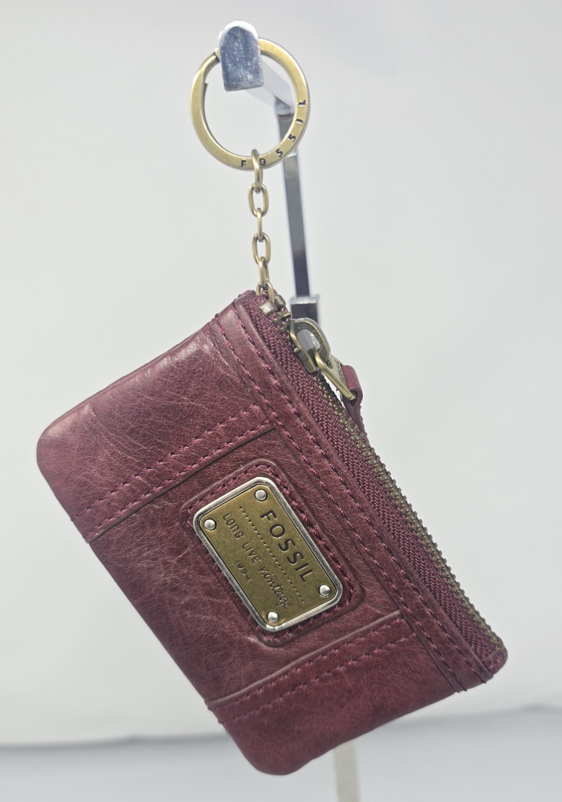 Vtg Fossil Women's Plum Leather Coin Purse Zip Card Case ID Holder Long Live