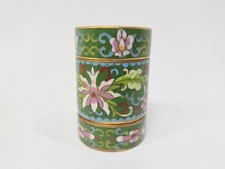 Vtg Chinese Cloisonné Green 3 Piece Stacking Trinket Jewelery Stash Round Box