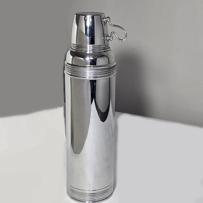 Antique English Nickel British Vacuum Thermos Flask Silvered Glass Liner Working
