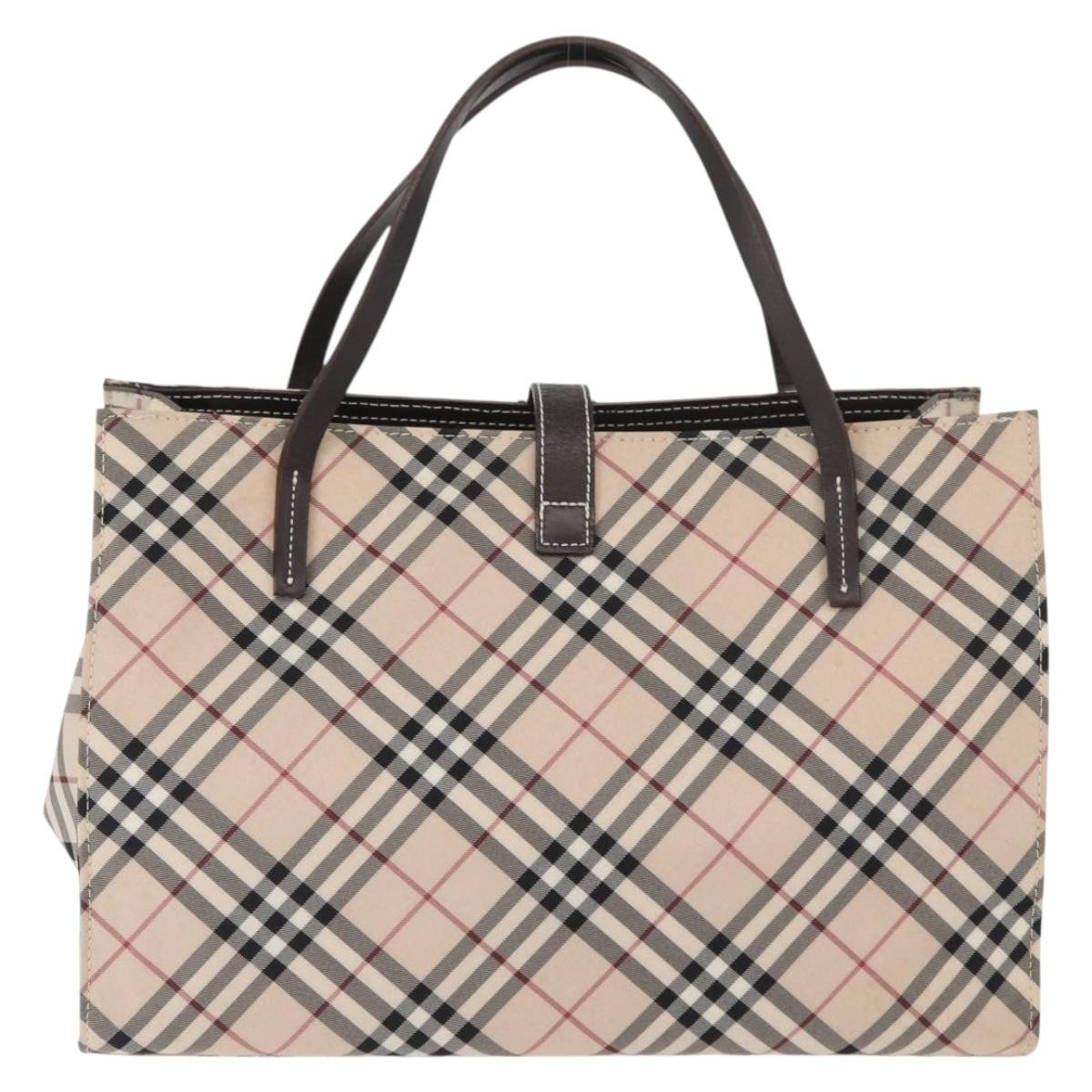 BURBERRY Nova Check Blue Label Hand Bag Nylon Beige Silver Auth
