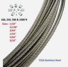 1/32", 5/128", 3/64", 1/16", 5/64" 7x7 T316 Stainless Steel Cable with sleeves