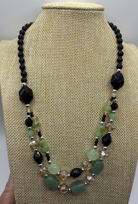 Vintage Jade And Black Onyx Beaded Multi Stranded Necklace