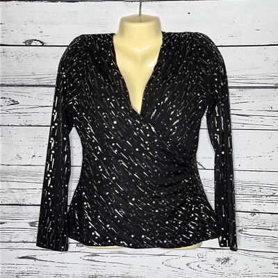 White House Black Market Size S Black - Silver Star Print Surplice V-Neck Blouse
