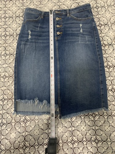 KanCan Midi Skirt Womens Size L Blue Stretch Denim Raw Hem New - Picture 8 of 9