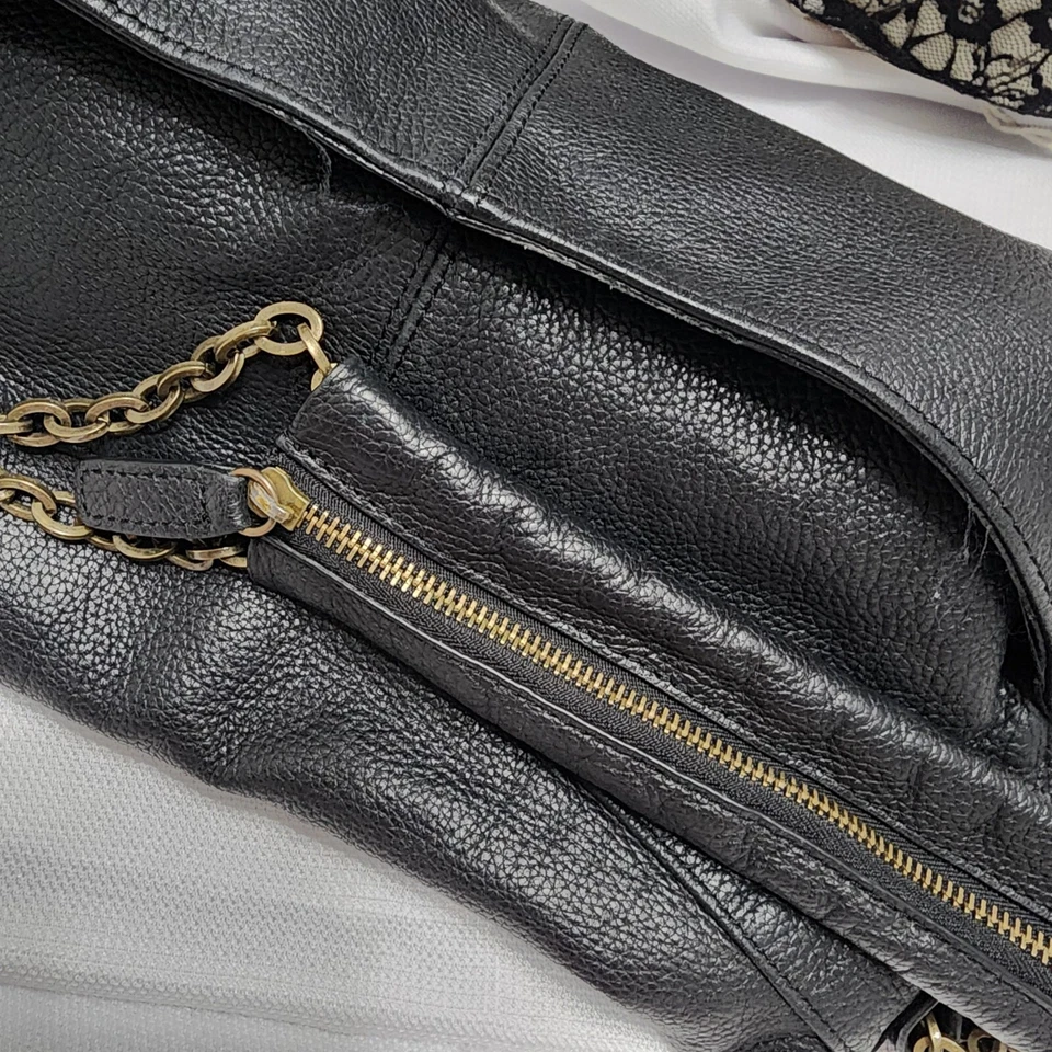 HYPE Black Pebbled Leather Large Ruffled Chain Link Shoulder Bag Hobo - Image 3 of 4