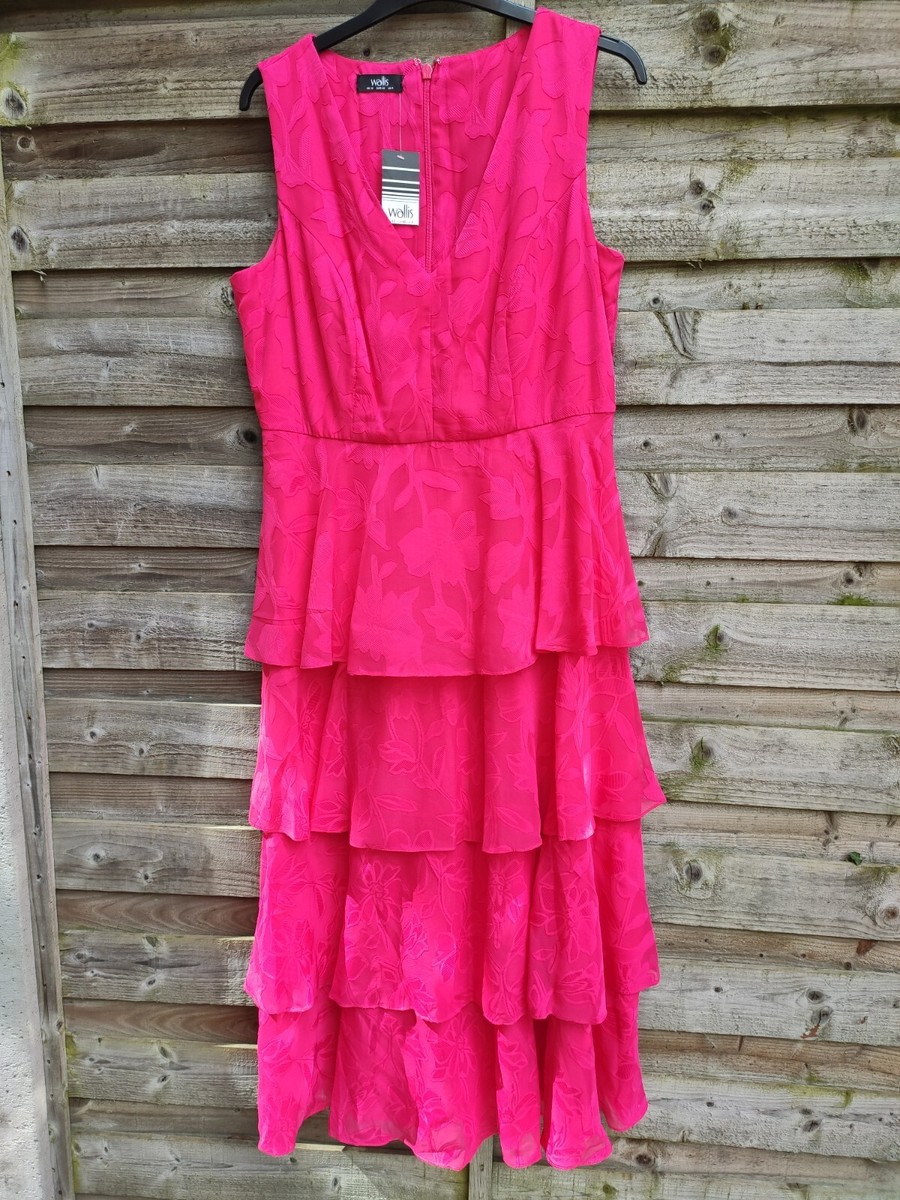 Wallis Cerise Long Pink Tiered Jaquard Dress Size UK 12 Wedding