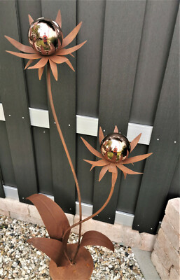 Skulptur Blume Milano Corten 120 cm Kugel golden rose poliert Cortenstahl Garten